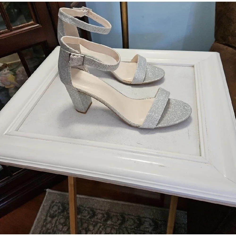 David's Bridal Arya Silver Glitter Ankle-Strap Block Heel Sandals - Women  11